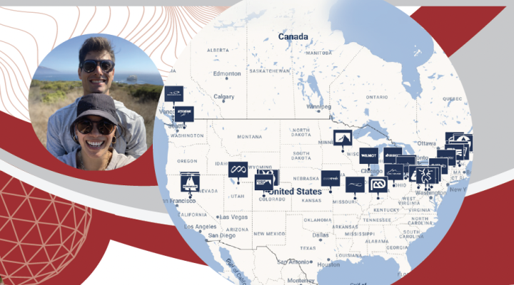 Overlayed images in circles. One shows Jonathan Kimchi and Katie Wu. One shows a partial map of North America with ski resorts owned by Vail Resorts marked.