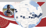 Overlayed images in circles. One shows Jonathan Kimchi and Katie Wu. One shows a partial map of North America with ski resorts owned by Vail Resorts marked.